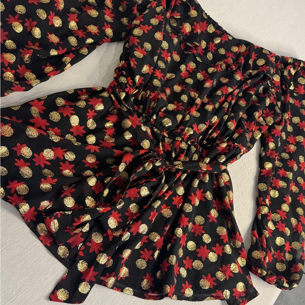 Holiday Blouse with flattering wrap waistband and deep neck and sheer sleeves